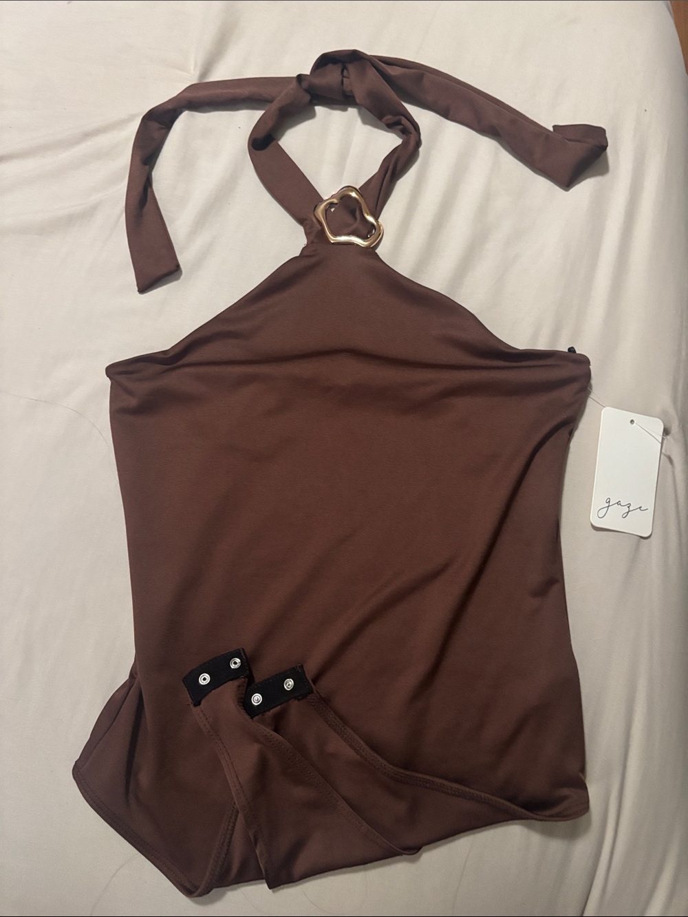 gaze Brown Strapless Halter Bodysuit with Gold Ring